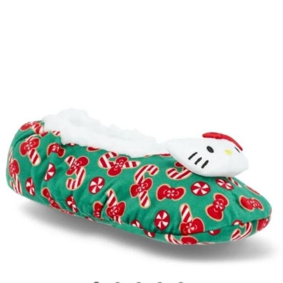 Hello Kitty Womens Holiday Fuzzy Babba Slipper Socks Green Candy Print Size 7-9. - Picture 1 of 13